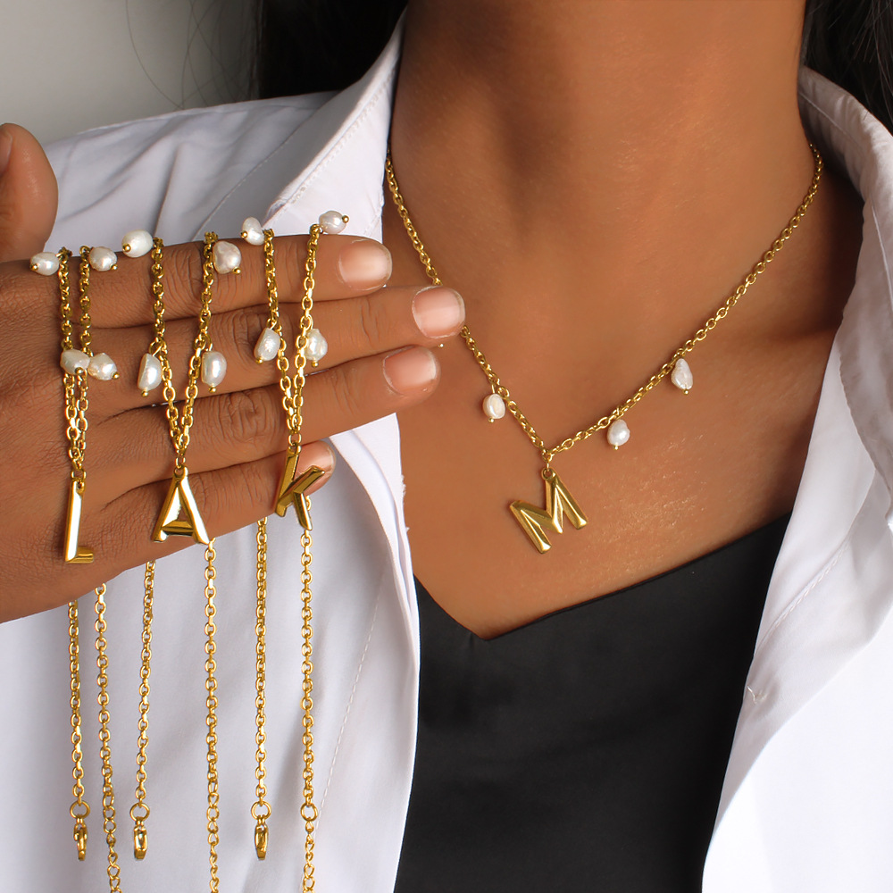 Initial Letter Pearl Pendant N - Initial Letter Necklace 18K Gold review and price