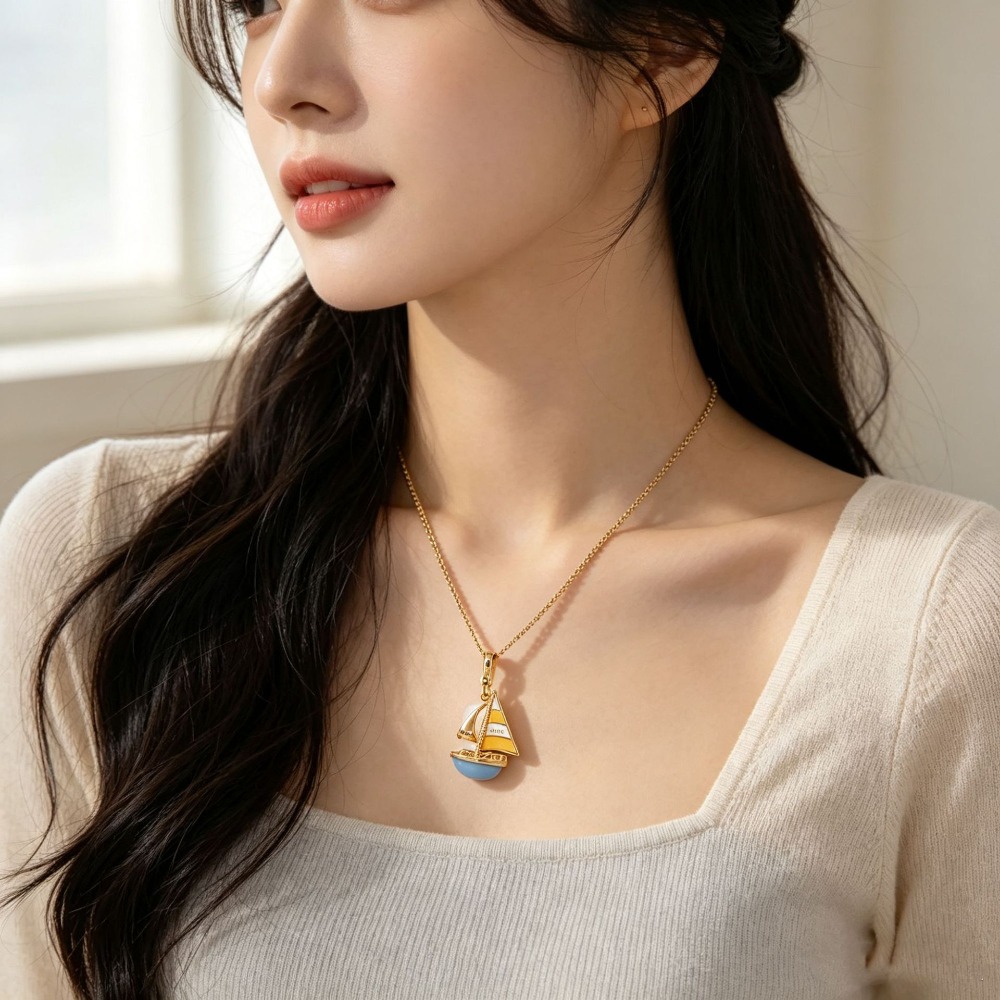 Elegant Enamel Glaze Blue Sail - Initial Letter Necklace 18K Gold review and price