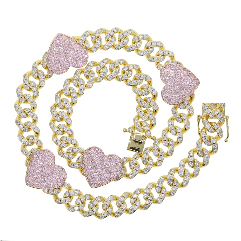 New 12mm Width Pink Heart Iced - Cuban Link Chain 12Mm review and price
