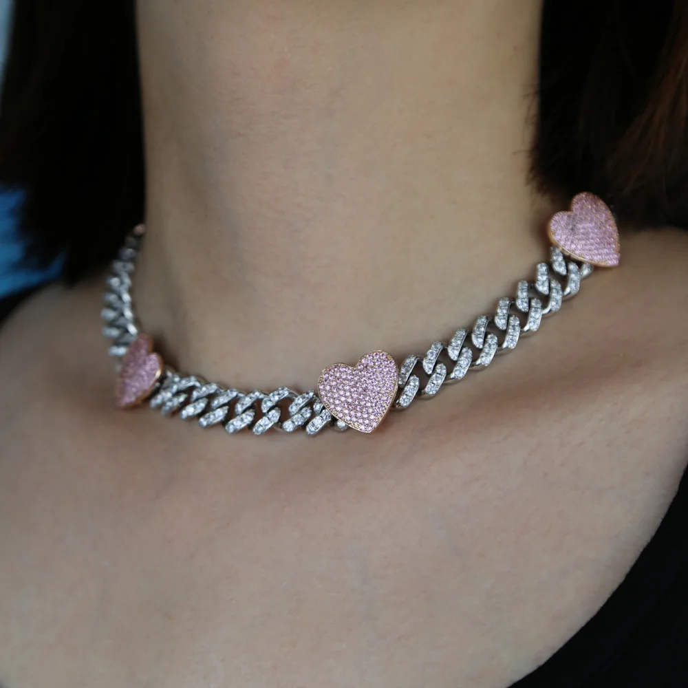 New 12mm Width Pink Heart Iced - Cuban Link Chain 12Mm review and price