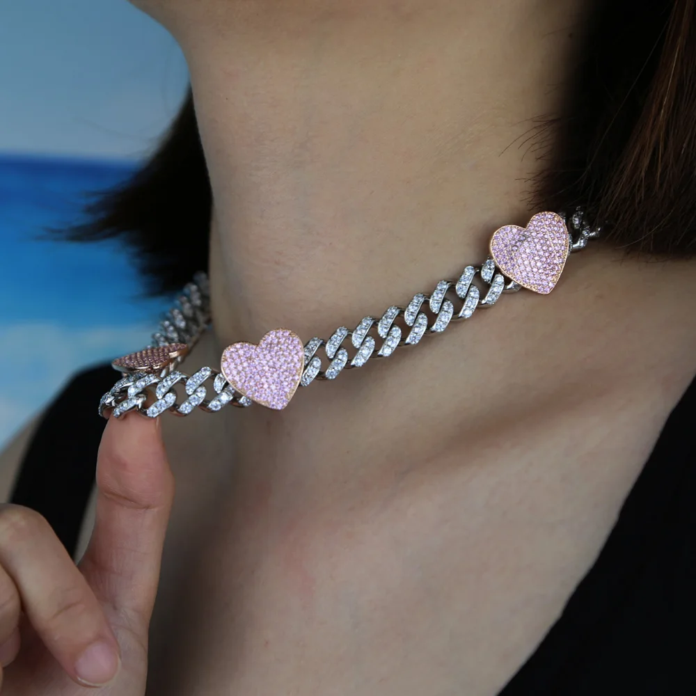New 12mm Width Pink Heart Iced - Cuban Link Chain 12Mm review and price